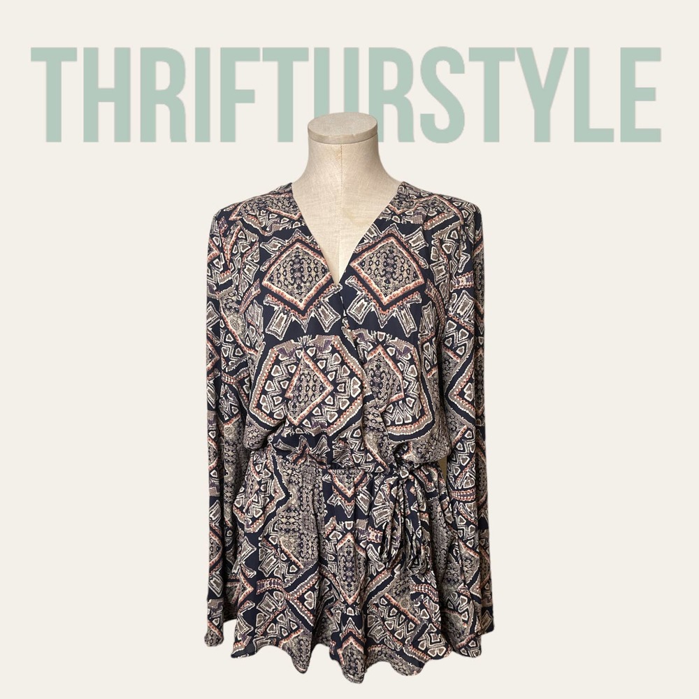 fab'rik Navy Blue Geometric Print Long Sleeve Romper Boho V-Neck Small